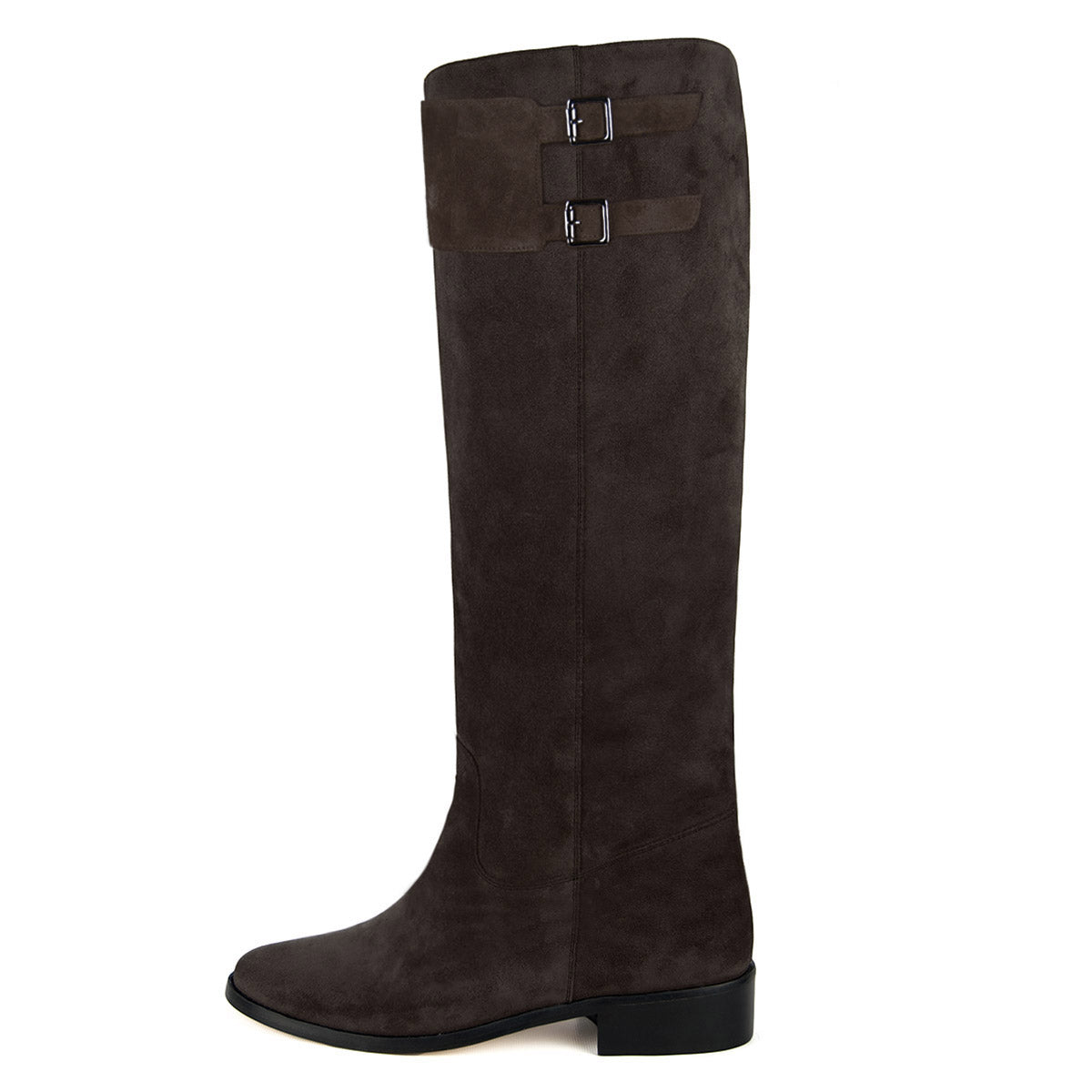 Calf fitting flat boots with double monk strap | Spirea brown suede ...