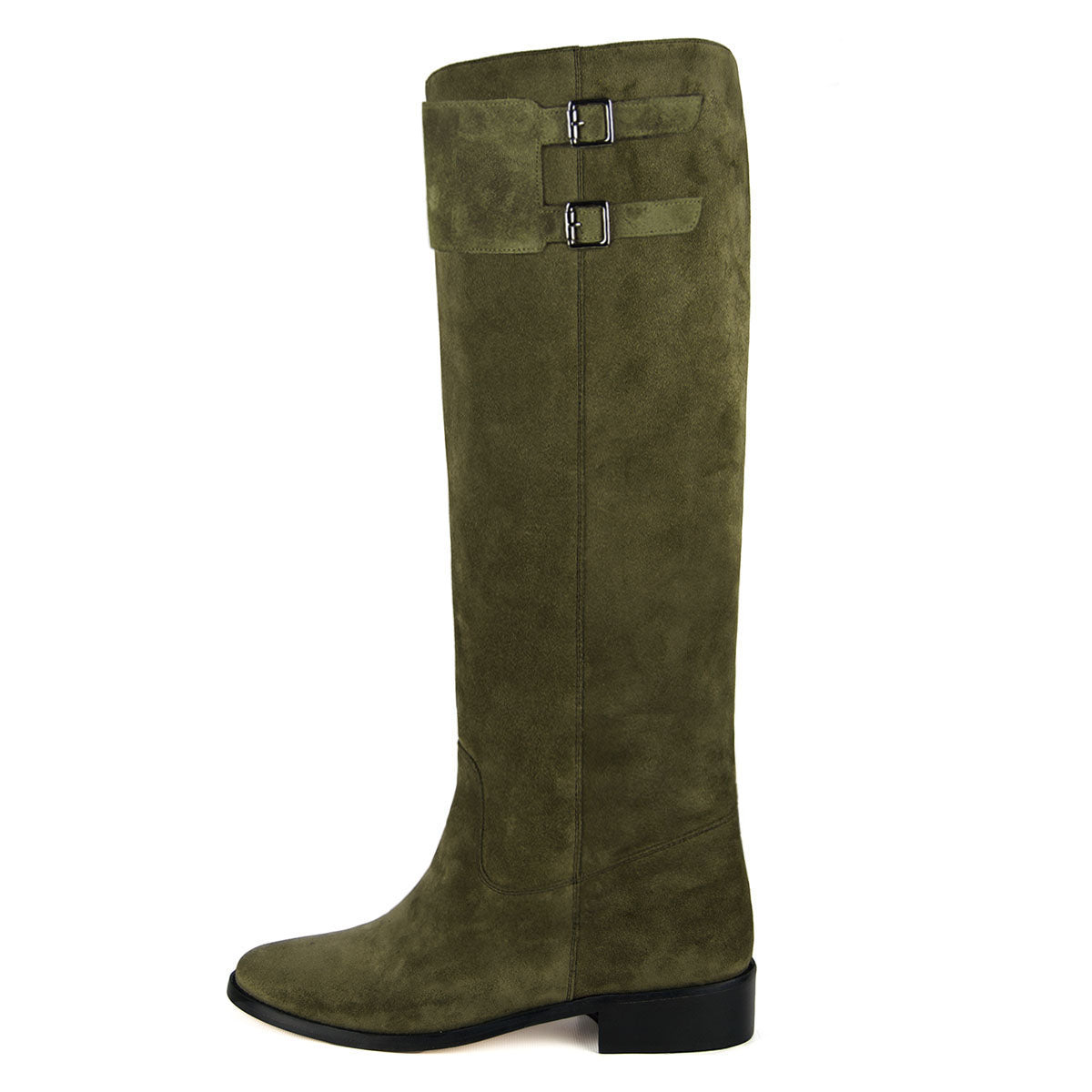 Calf fitting flat boots with double monk strap | Spirea olive suede ...