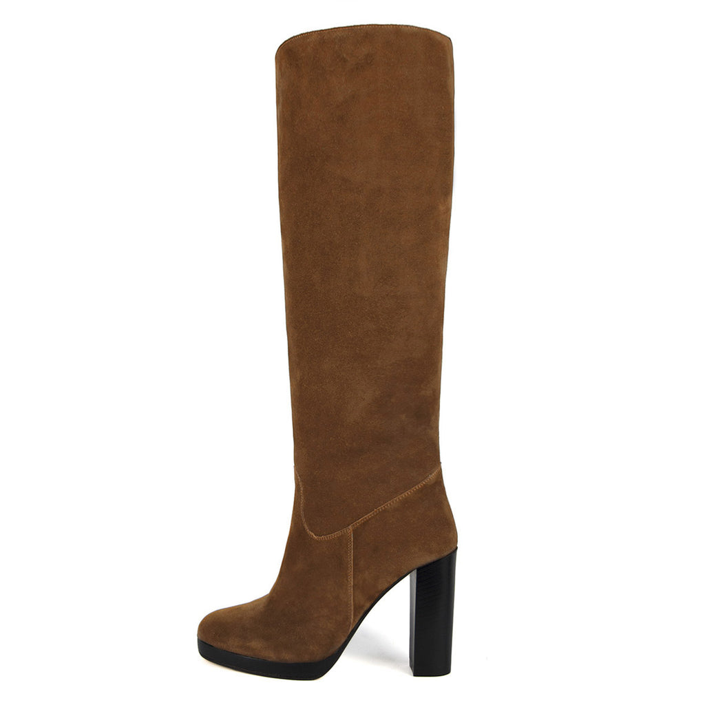 Calf fitting knee high heeled boots Ribes cognac suede Shop