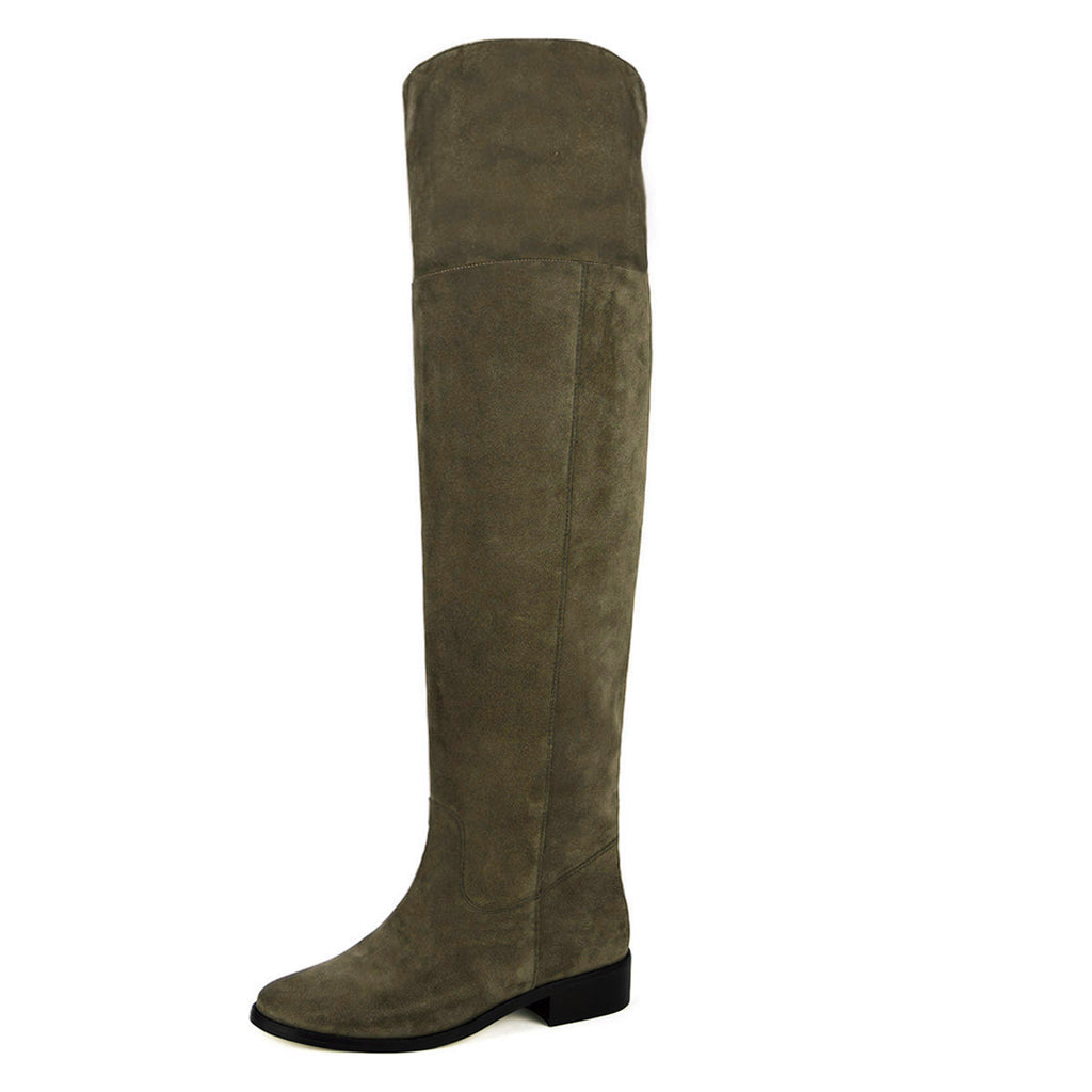 Calf fitting over the knee flat boots | Mora olive green suede â Fillies and Boots